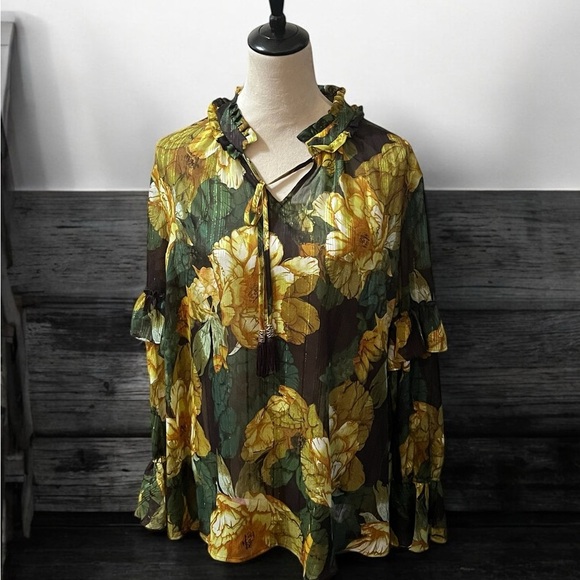 Susan Graver Ruffled Tie Front Blouse Yellow and Green - Picture 1 of 6